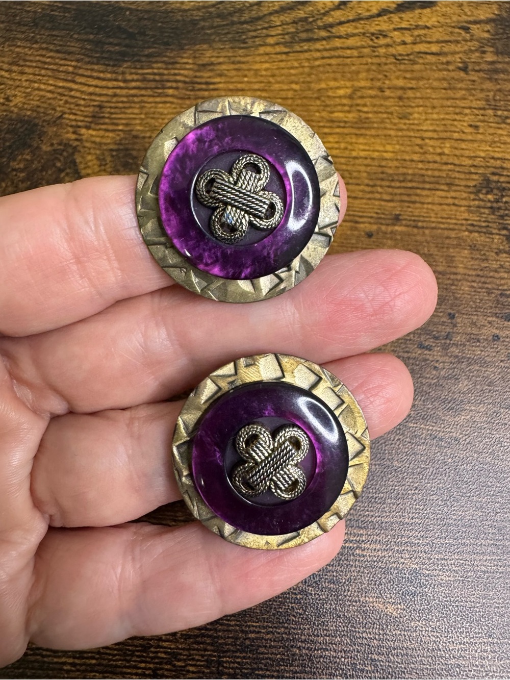 Vintage Purple and Gold Round Button Clip-On Earrings